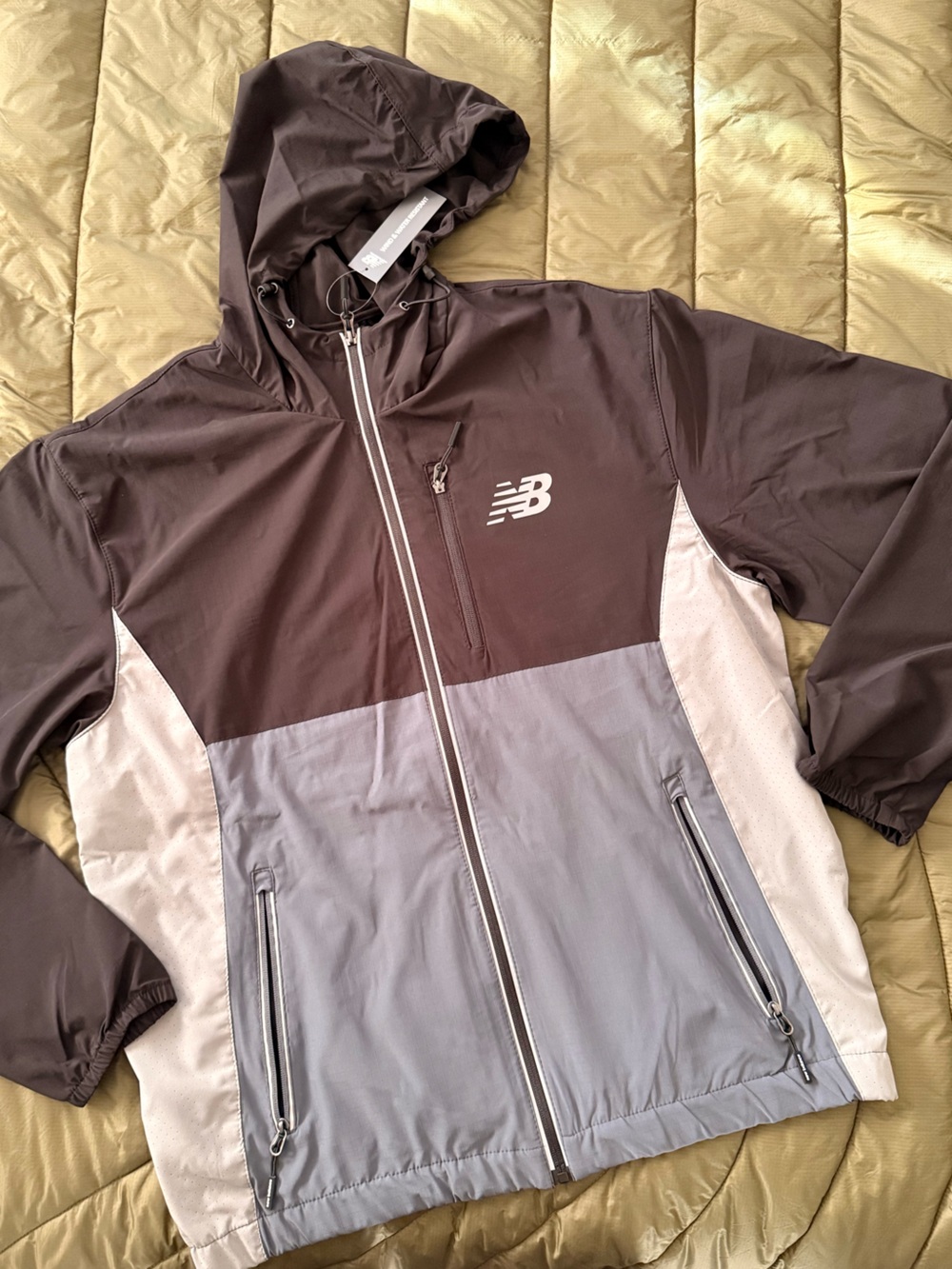 New Balance Men's Black and Light Gray Colorblock Hooded Performance Jacket